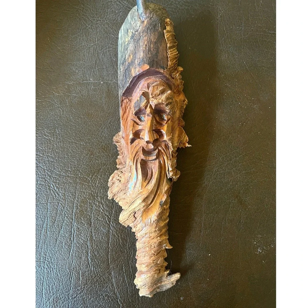 Vintage Hand Carved Wood Spirit Face Forest Wizard Folk Art Branch Carving